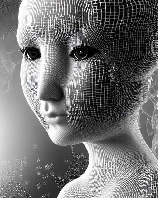 Image similar to mythical dreamy black and white organic translucent bio-mechanical spinal ribbed profile face portrait detail of mechanical beautiful female angelic-snowy-human-doll, highly detailed, intricate crystal jelly steampunk ornate, poetic, 3D render, digital art, octane render, 8K artistic photography, photo-realistic, by Dora Maar