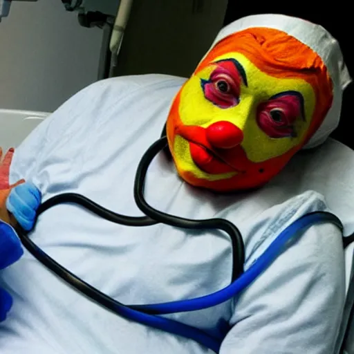 Image similar to clown in four point restraints in hospital bed, nurse preparing medications