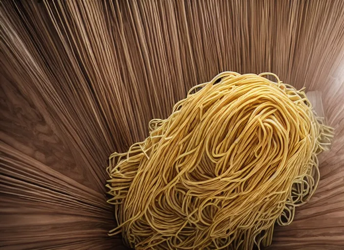Prompt: a photo of stairs made out of spaghetti, living room background, high definition