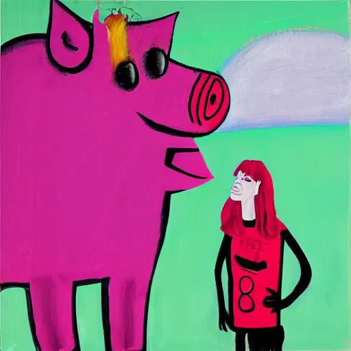Prompt: “tall queer woman with long pink hair and a tall emo girl, a giant weedy pig, grassy skyscraper, acrylic and spray paint and oilstick on canvas, neoexpressionism”