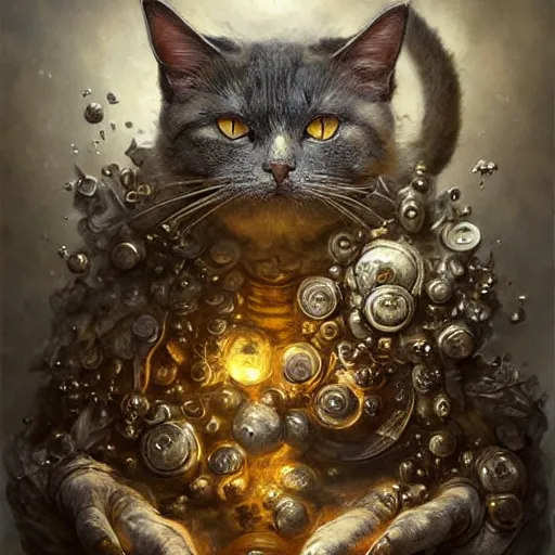 Image similar to a beautiful detailed 3d matte portrait of a alchemist cat, by ellen jewett, by tomasz alen kopera, by Justin Gerard, ominous, magical realism, texture, intricate, skull, skeleton, whirling smoke, alchemist bottles, radiant colors, fantasy, volumetric lighting, high details