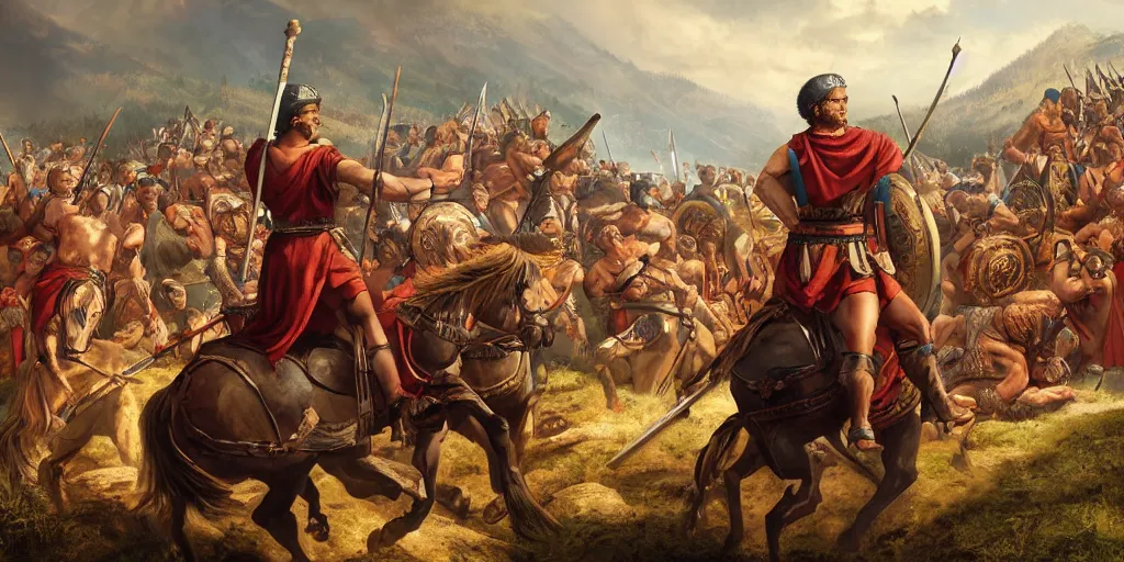 Prompt: Caesar leading roman legions over hills into battle, stunning lighting, beautiful scenery, digital painting, 4k