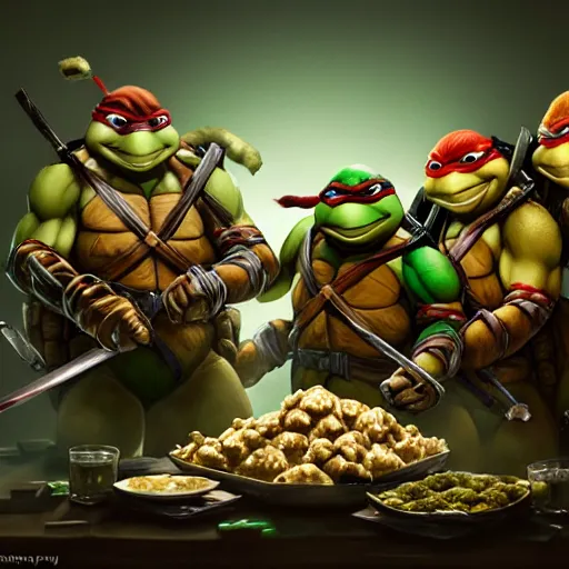 Image similar to four teenage mutant ninja turtles eating giant pile heap of dumplings, handsome, intricate, detailed, volumetric lighting, scenery, digital painting, highly detailed, artstation, sharp focus, illustration, concept art, ruan jia, steve mccurry