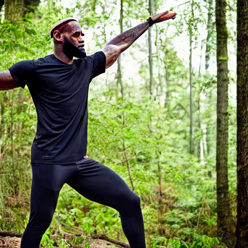 Prompt: lebron james doing yoga in the forest, ( eos 5 ds r, iso 1 0 0, f / 8, 1 / 1 2 5, 8 4 mm, postprocessed, crisp face, facial features )