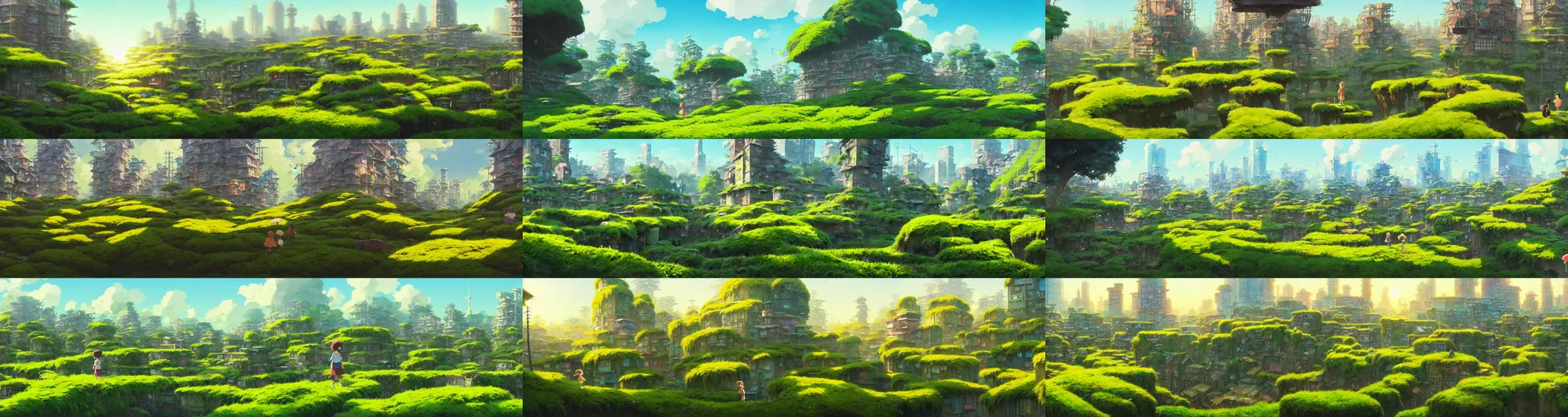 Prompt: a wholesome animation key shot of a sunny abandoned moss city panorama, studio ghibli, pixar and disney animation, sharp, rendered in gouache painting, anime gouache key art by greg rutkowski, bloom, dramatic, dynamic lighting