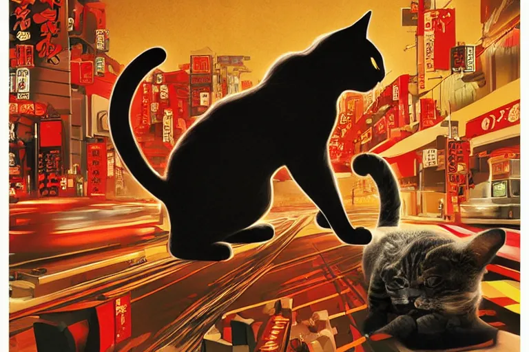 Image similar to cat attacking Tokyo, Swiss design movie poster, masterpiece, masterwork, cgstudio