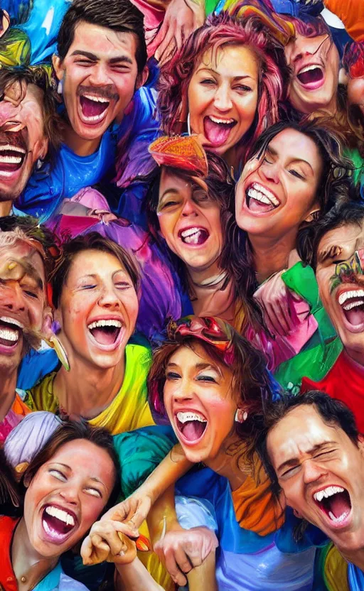 Prompt: amazing beautiful hyper - detailed photorealistic painting of a group of friends laughing together. the colors are very vibrant and the people in the photo look very happy and beautiful. vibrant colors, very funny, personal, positive, visually pleasing, engaging and contains humans. high resolution. high quality. hq hd. trending on artstation.