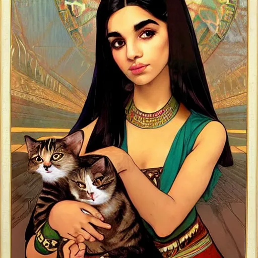 Image similar to cute emo egyptian woman, with long dark hair, thick eyebrows!!! dark eyes and dark circles!, wide nose!!!, big eyes, oval face shape, big cheeks!, she is holding a cat in her arms, by juan villafuerte, greg rutkowski and alphonse mucha, pexels contest winner, high quality photo, hd rtx