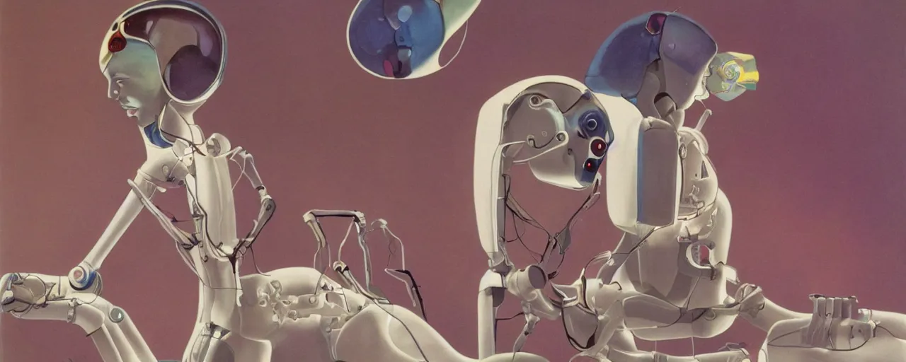 Image similar to a portrait of female young robotic ai artist painting onto a canvas in FANTASTIC PLANET La planète sauvage animation by René Laloux