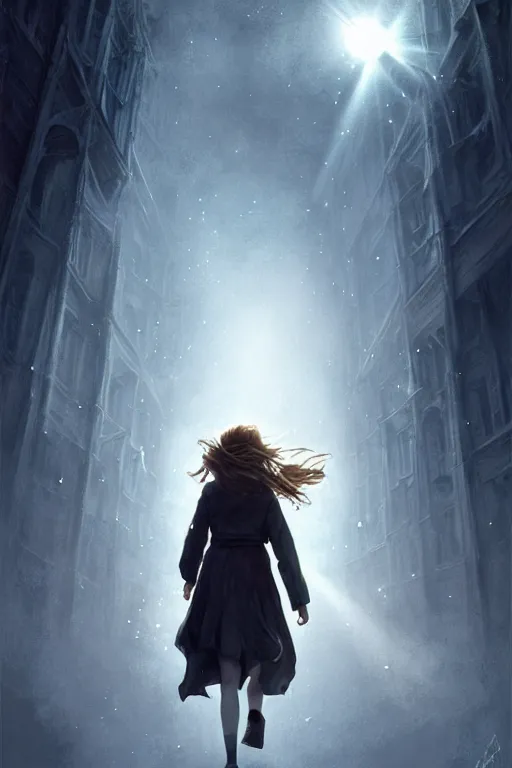 Prompt: Poster artwork, Emma Watson as Hermione Granger, fading, dissolving into light, vanishing, magnificent, medium shot, close up, details, sharp focus, elegant, highly detailed, illustration, by Jordan Grimmer and greg rutkowski and PiNe(パイネ) and 薯子Imoko and 香川悠作 and wlop!! and maya takamura, intricate, beautiful, Trending artstation, pixiv, digital Art