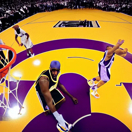 Image similar to a realism of Kobe Bryant shooting on the basketball court in the 2010 Finals