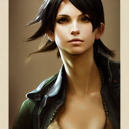 Image similar to a head and shoulders portrait of a girl with green eyes and short black hair in a tan trenchcoat, from Final Fantasy XIII, retro, smooth, sharp focus, intricate, artstation, detailed concept art by Rutkowski and Mucha and sky sewa and Marc Simonetti