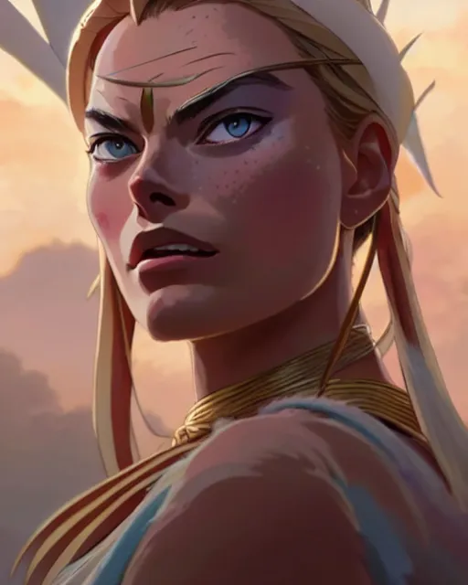 Prompt: azctec warrior, ( margot robbie ), detailed perfect face, exquisite details, fire magic, mid view, design on a white background, by studio muti, greg rutkowski makoto shinkai takashi takeuchi studio ghibli