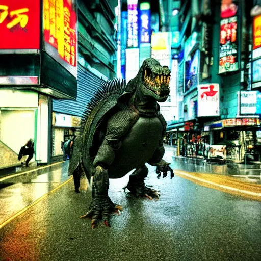 Prompt: “ cyberpunk dinosaur on a rainy tokyo street, posing menacingly, high detail photograph ”