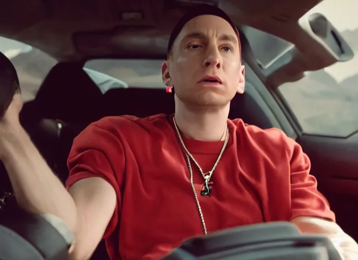 Image similar to a very high resolution image from a new movie, eminem in a car car. inside of a car. alone. mountains, directed by wes anderson