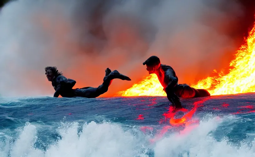 Image similar to lava surfing is the most extreme of sports, action shot, directed by michael bay, motion blur, sharp focus, imax