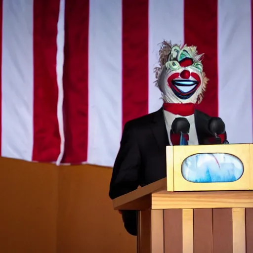 Image similar to string puppet of a president with clown makeup in a podium and a human shadow behind