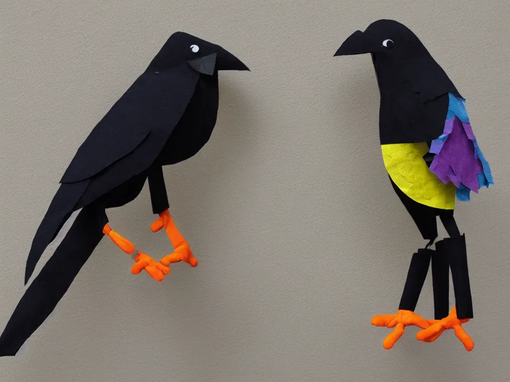 Image similar to a crow made out of fabric, designed by Pixar