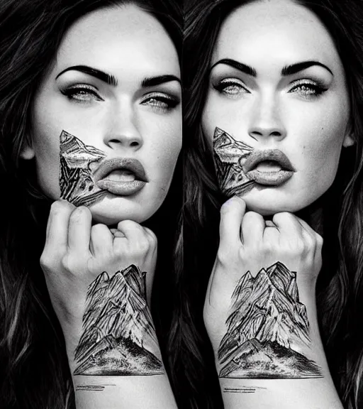 Prompt: megan fox face double exposure with beautiful mountains, tattoo sketch, hyper - realistic, in the style of matteo pasqualin, amazing detail, sharp, black and white