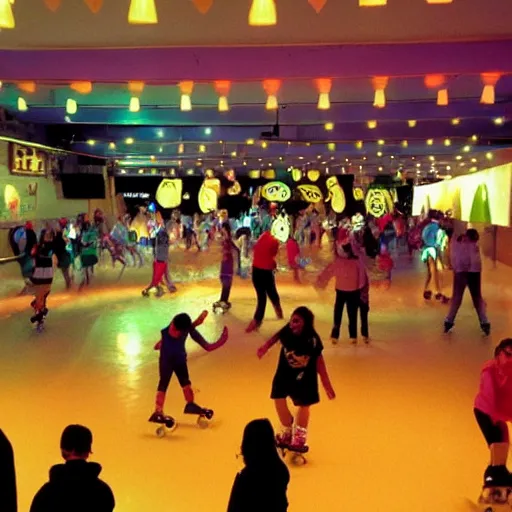 Prompt: people roller skating in a dimly lit roller rink made of cheese!!!!!! Cheese!!!!!!