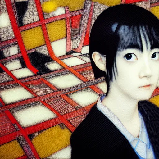 Image similar to yoshitaka amano blurred and dreamy realistic three quarter angle portrait of a young woman with short hair and black eyes wearing office suit with tie, junji ito abstract patterns in the background, satoshi kon anime, noisy film grain effect, highly detailed, renaissance oil painting, weird portrait angle, blurred lost edges