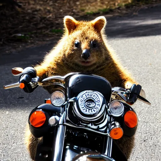 Prompt: a quokka riding a Harley Davidson motorbike. Award winning photography. HD. 8K