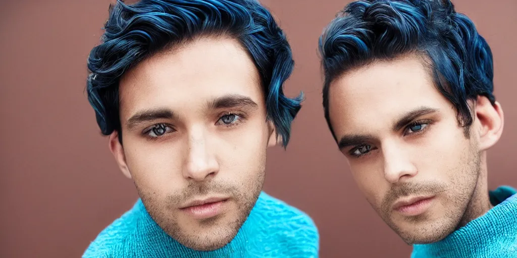 Image similar to Male, Male, Male, Male, Male, short hair, blue hair, dark skin, teal sweater, wavy hair, photograph, hd,