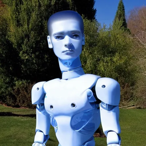 Image similar to made of ice, a realistic detailed photo of a guy who is an attractive humanoid who is half robot and half humanoid, who is a male android, on display, blank stare, showing off his muscles, shiny skin, posing like a statue, by the pool, frozen ice statue, twitch streamer / gamer ludwig, humanoid robot