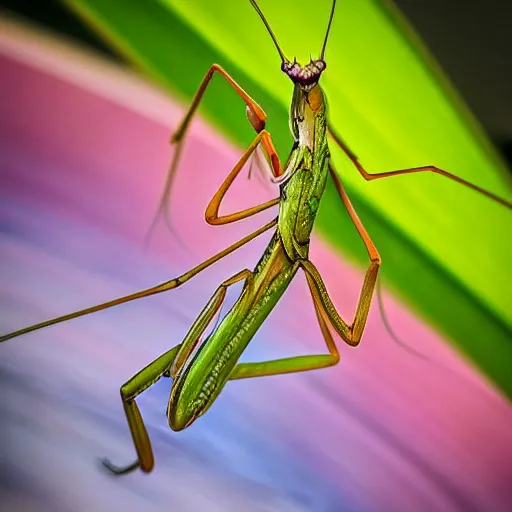 Image similar to macro praying mantis, detailed, floral, dreamy, colorful