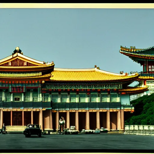 Image similar to a Kaiju Pulgasari overshadowing a Korean palace, Kodachrome 35mm cinemascope, Kim Jong-il production