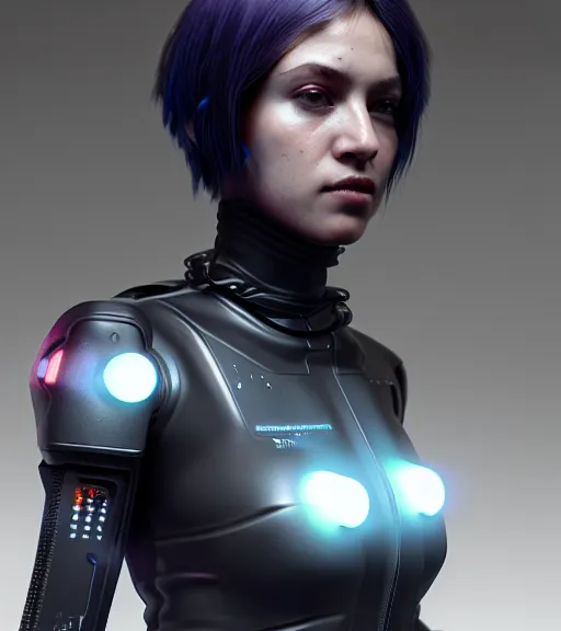 Image similar to complex 3 d render, hyper detailed, ultrasharp, cyberpunk android girl, digital portrait, concept art, illustration, studio lights, hyper realistic, ultra detailed, 0 6 0 8 wear techwear clothing, volumetric lighting, 8 k uhd post - production, artstation hq, unreal engine 5, unity engine