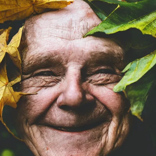 Image similar to an smiling old man hidden under leaves