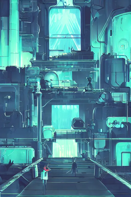 Prompt: teal and indigo colors. Nuclear plant in style of cytus and deemo, mysterious vibes, set in half-life 2, beautiful with eerie vibes, very inspirational, very stylish, surrealistic, perfect digital art, mystical journey in strange world, bastion game
