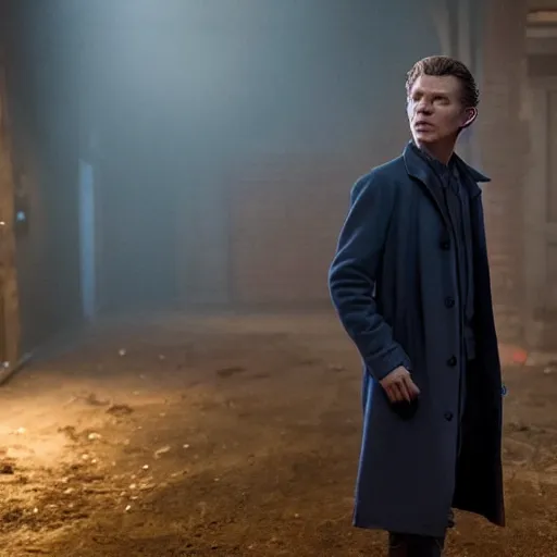 Image similar to tom holland as a rough dirty old man with a scruffy beard in a dark blue trenchcoat as the new doctor who, cinematic, volumetric lighting, f 8 aperture, cinematic eastman 5 3 8 4 film, photorealistic