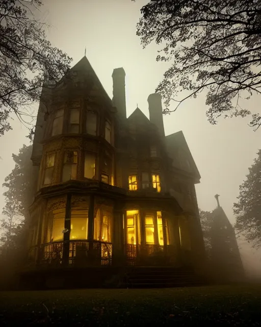 Image similar to a wide angle low photo of a ghostly victorian mansion howvering above a misty forest at night, volumetric light, epic proportions