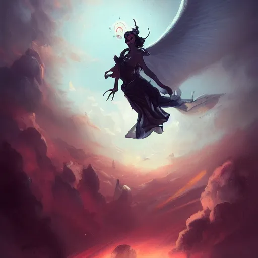 Image similar to made bypeter mohrbacher, a black female angel hovering in the sky, dystopian background, ultra realistic, 4 k, detailed, concept art, fantasy, deviantart, intricate, masterpiece, award winning,