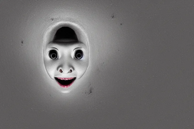 Prompt: smiling faces emerging from the ceiling in a dark room, japanese horror, eerie atmosphere, fear, mystery, 8 k uhd