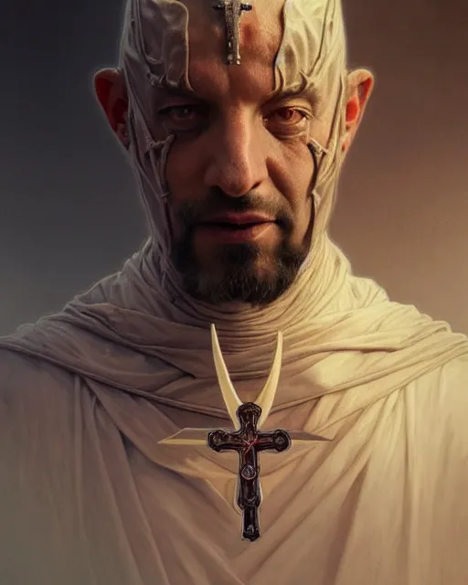 Image similar to realistic portrait of a nasty bishop, inverted cross, evil, heroic pose, beautiful face, bible, full body, dramatic lighting, intricate, wild, highly detailed, digital painting, artstation, concept art, smooth, sharp focus, illustration, art by artgerm and greg rutkowski and alphonse mucha, footage from space camera