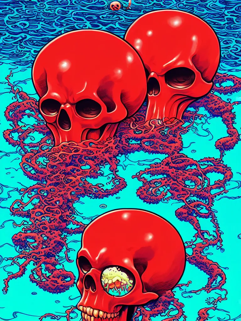 Prompt: a glowing red skull in the sea caught by a jellyfish by josan gonzalez and dan mumford and albrecht anker and miho hirano and ross tran and chiho aoshima, highly detailed, high contrast, pop art, comic shading