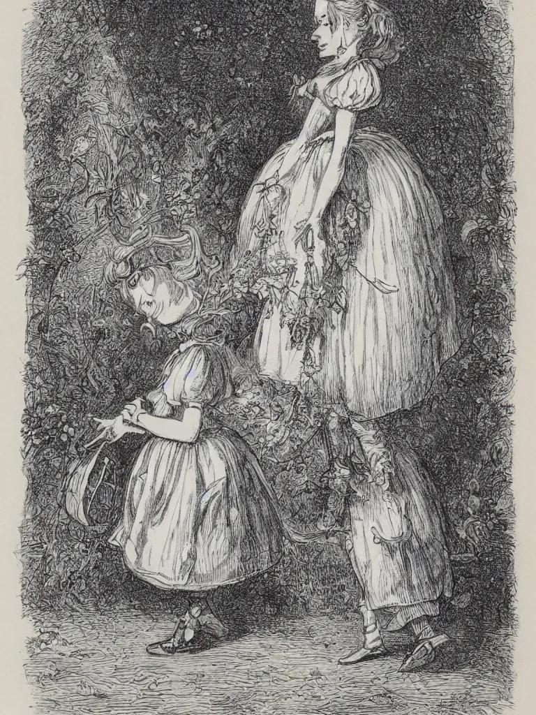 Image similar to Tenniel illustration portrait of Alice, walking in wonderland