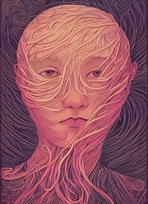 Prompt: beautiful illustration of a face made of ribbons of seaweed, in the style victo ngai and sam guay and abigail larson and moebius, vibrant moody colors, trending on artstation