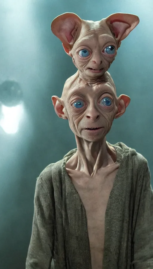 Image similar to dobby gollum, cinema still