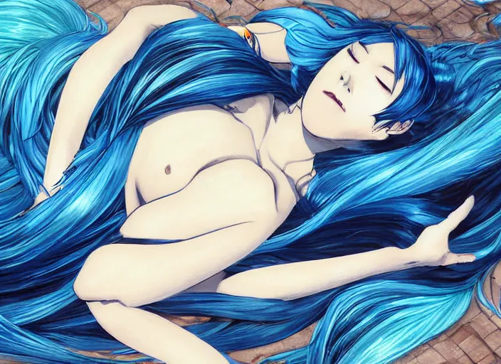 Image similar to a woman with blue hair laying on the ground with her head down, a detailed painting by rei kamoi, featured on pixiv, space art, official art, anime, toonami