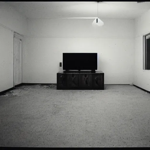 Prompt: Photograph of an empty room with a TV playing static at night, dusty, wood cabinets, taken using a film camera with 35mm expired film, bright camera flash enabled, slightly foggy, award winning photograph, creepy, liminal space