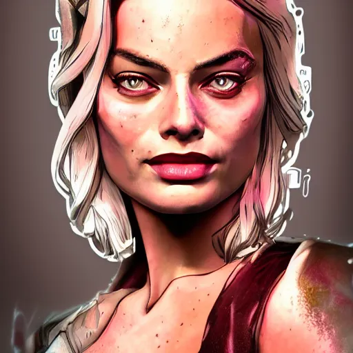 Image similar to margot robbie portrait, borderlands, tales from the borderlands, the wolf among us, comic, cinematic lighting, studio quality, 8 k