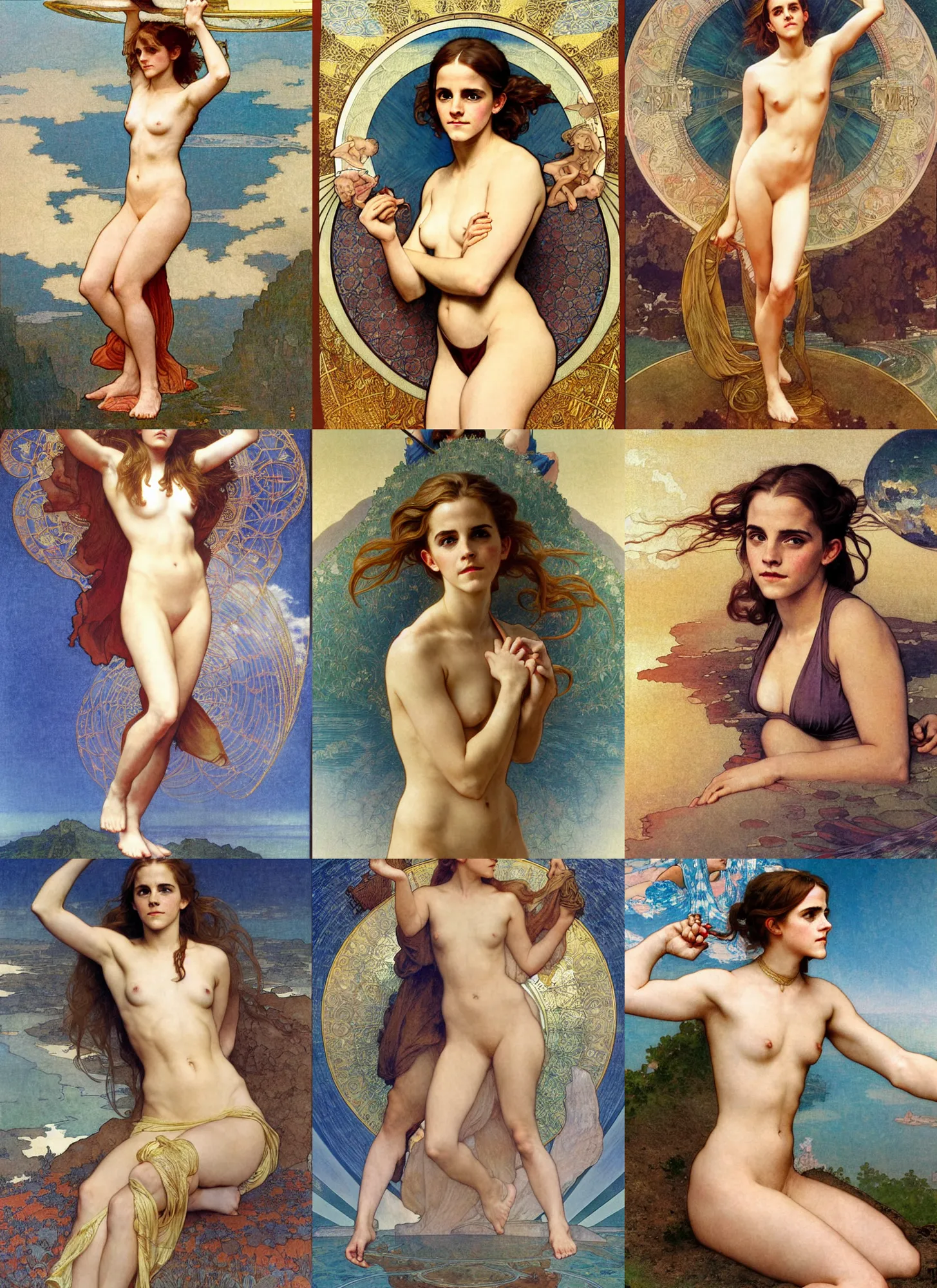 Prompt: portrait emma watson floating in a bikini above the earth, full length shot, shining, 8 k highly detailed, sharp focus, illustration, art by mucha, bouguereau