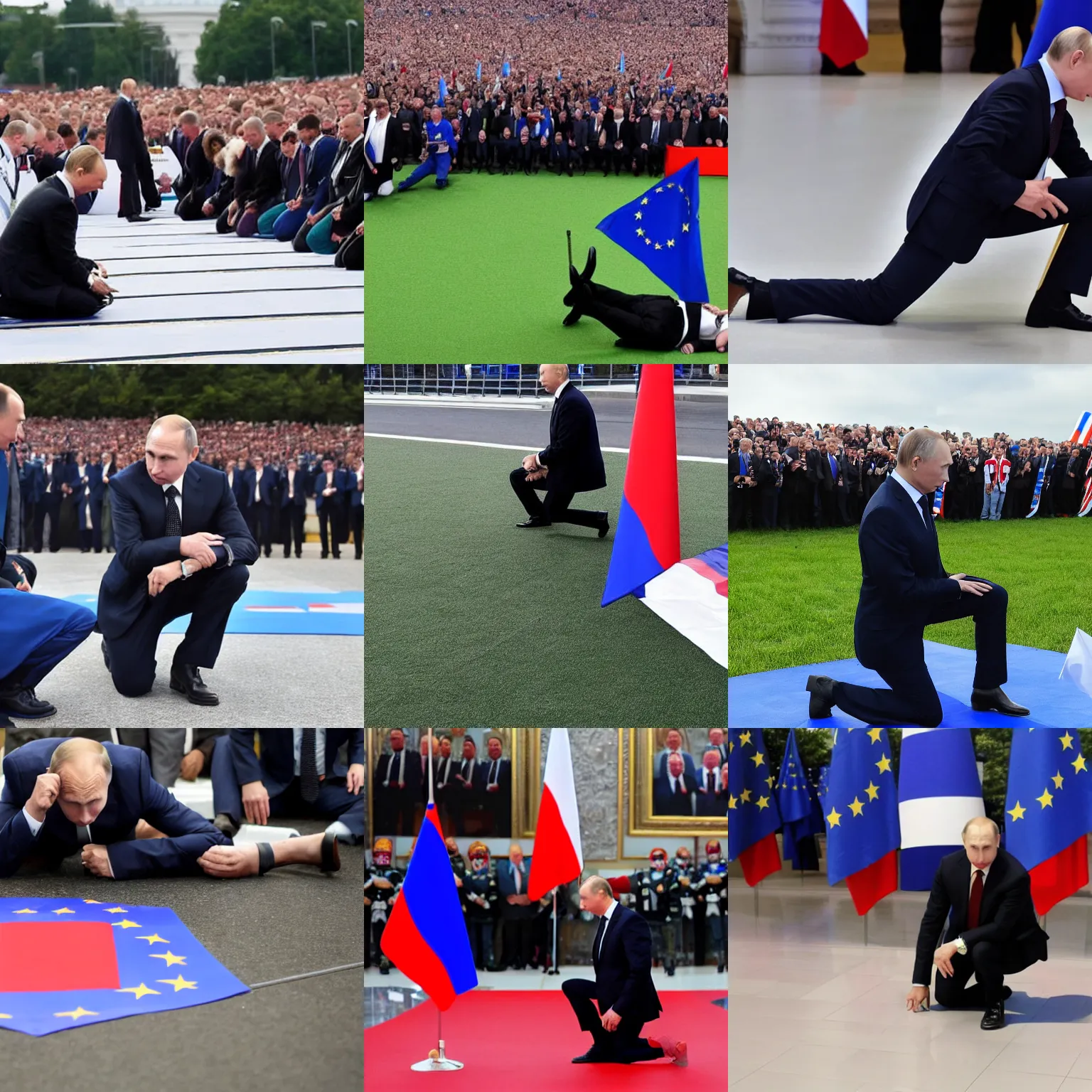 Prompt: vladimir putin kneeling to the EU flag