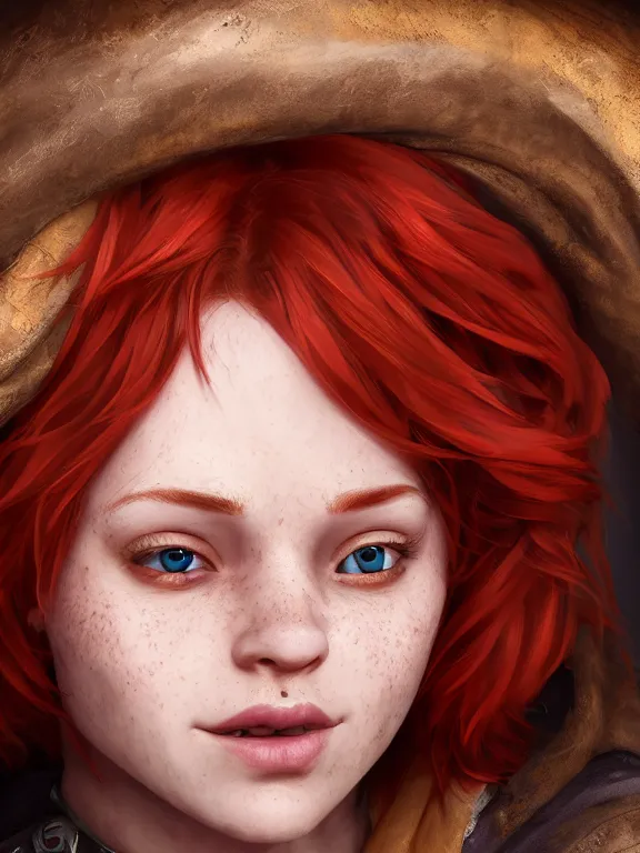 Image similar to portrait art of red - haired halfling bard 2 1 year old!! freckles!!, 8 k ultra realistic, atmosphere, glow, detailed, intricate, full of colour, cinematic lighting, trending on artstation, 4 k, hyperrealistic, focused, extreme details, unreal engine 5, cinematic, masterpiece