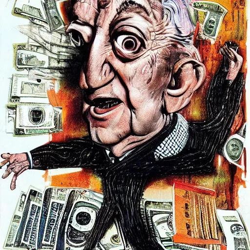 Image similar to George Soros full body shot, dollar bills Body horror, biopunk, by Ralph Steadman, Francis Bacon, Hunter S Thompson