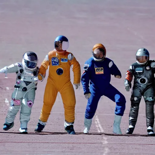 Prompt: 5 space astronauts in spacesuits of different colors, running in a relay race in a stadium, olympic games